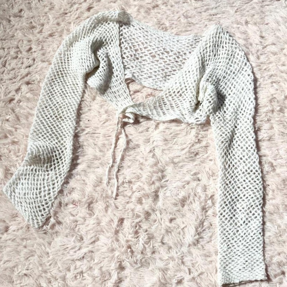 Handmade White Open Knit Crotchet Boho Beachy  Clean Girl Tie Front Top Womens S